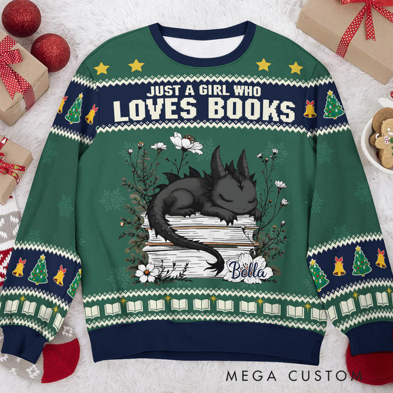 Personalized Just a Girl Who Loves Books and Dragons Ugly Sweater Christmas Gift Ugly Sweater for Book Lovers Reader Bookworm Bookish Librarian