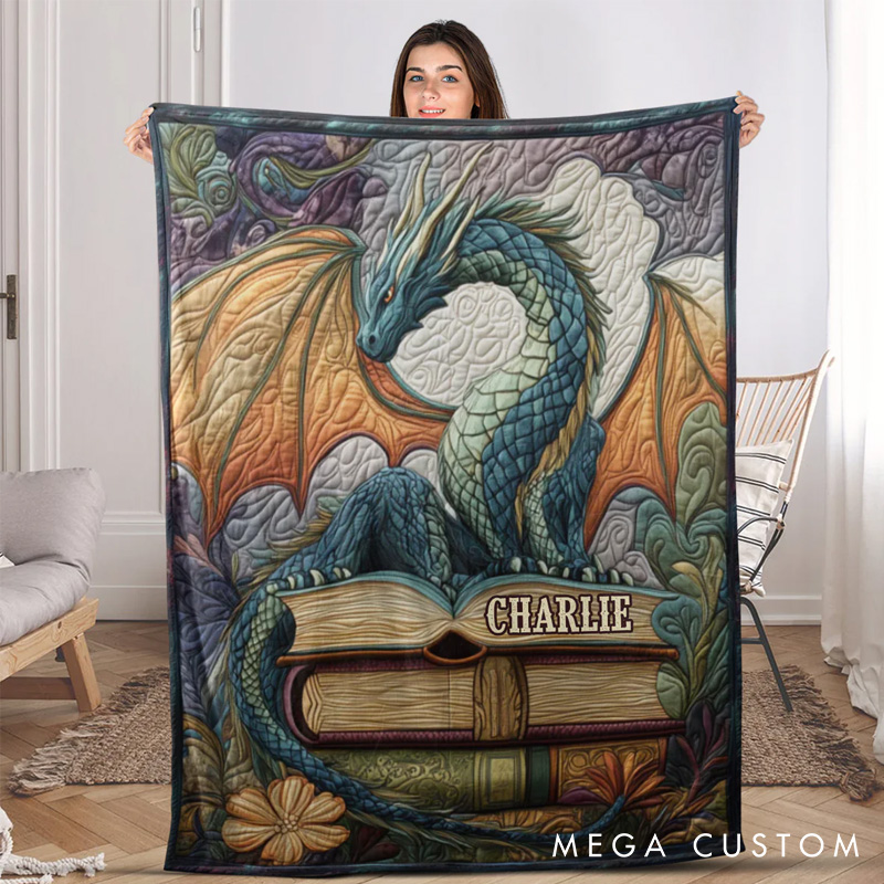 Personalized Dragon Throw Blanket Custom Book and Dragon Blanket for Book Lovers Reader Blanket with Name for Bookworm Librarian Gift