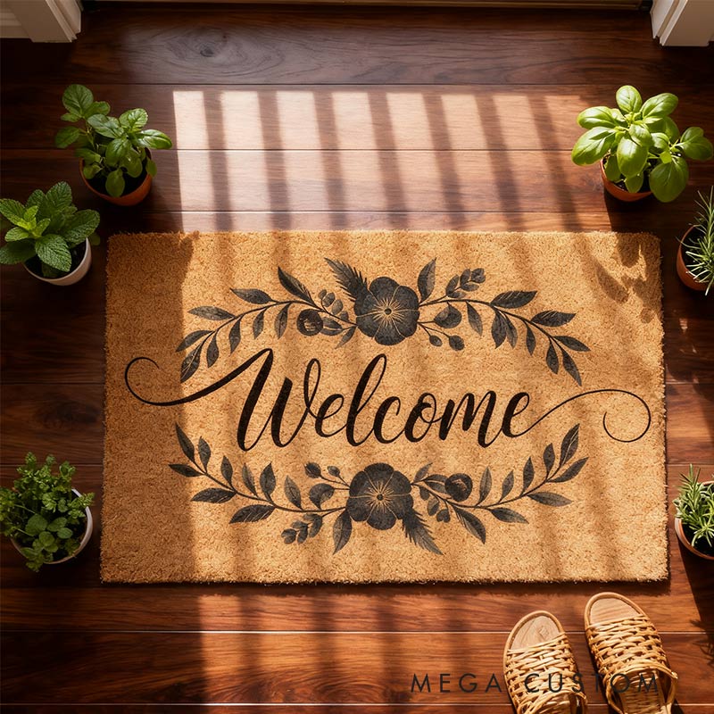 Personalized Blue Floral Welcome Doormat Last Name Doormat Custom Door Mats Welcome Doormat for Garden Lovers