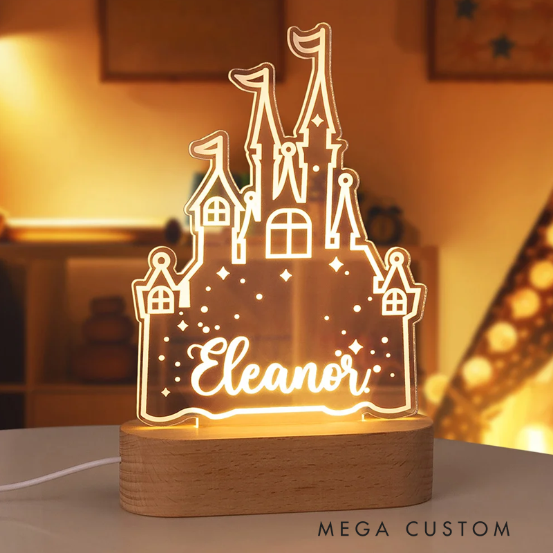 Personalized Cartoon Princess Castle Name Acrylic LED Night Light with Wooden Base Home Decor Birthday Children's Day Gift for Daughters Girls