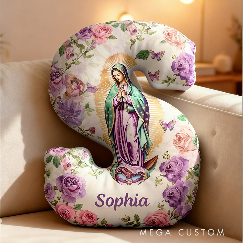 Personalized Our Lady of Guadalupe Purple Letter Pillow with Custom Name Religious Home Decor Catholic Gift Mom Virgen de Guadalupe Graphic 3D Print