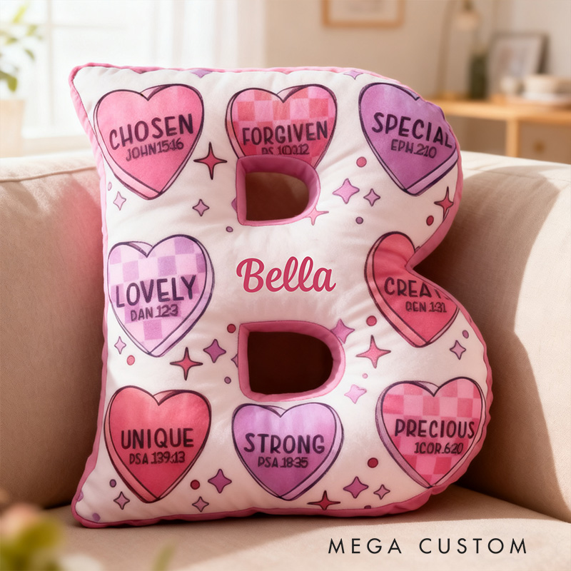 PersonalizedBible Verse Heart Shaped Letter Pillow with Custom Name Religious Home Decor Christian Gift Valentine Gift Encouragement Graphic 3D Print