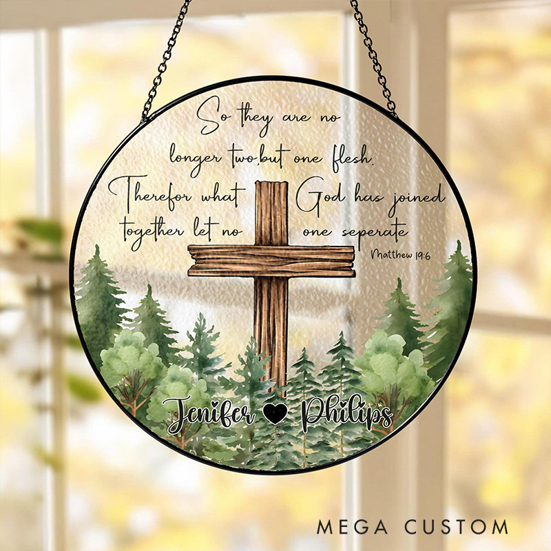 Personalized Christian Wedding Stained Glass Suncatcher Ornament with Custom Name Cross Window Hanging Decor Religious Gift for Couple Wedding Gift
