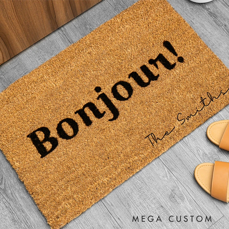 Personalized Bonjour Doormat with Custom Family Name for Home Entrance Gift