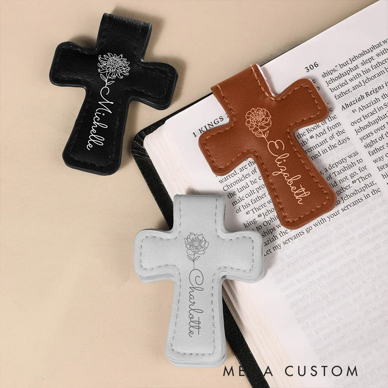 Personalized Birth Flower PU Leather Cross Magnetic Bookmark Clip with Name Reading Supplies First Communion Baptism Gift for Christians Bookworms