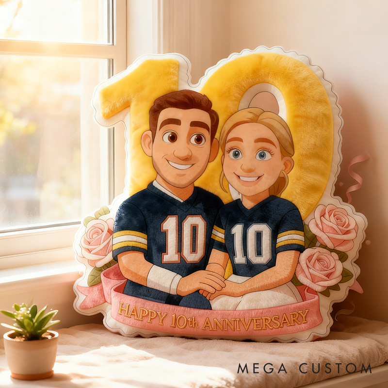 Personalized 10th Anniversary Football Player Pillow with Custom Couple Portrait and Romantic Floral Design Anniversary Gift Valentines Day