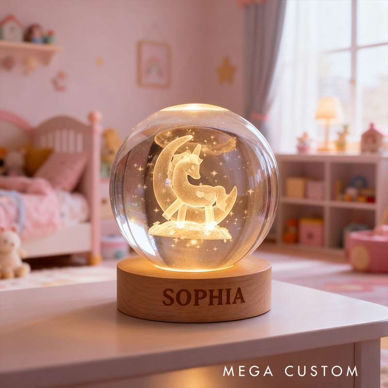 Personalized Moon And Dream Horse Night Light With Soft Glow For Kids Bedroom 3D Spherical Crystal Lamp