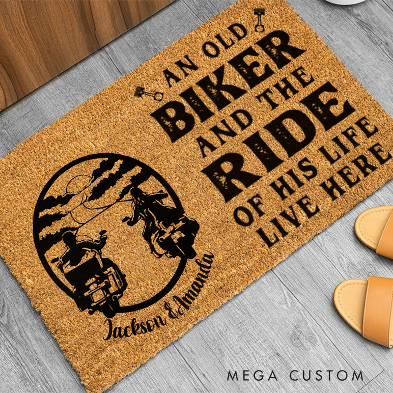 Personalized An Old Biker and the Ride of His Life Live Here Doormat with Custom Names for Motorcycle Enthusiasts