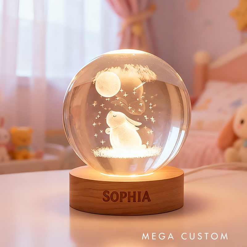 Personalized Adorable Rabbit Under Moon Lamp Creating Cozy Bedtime Glow 3D Spherical Crystal Lamp