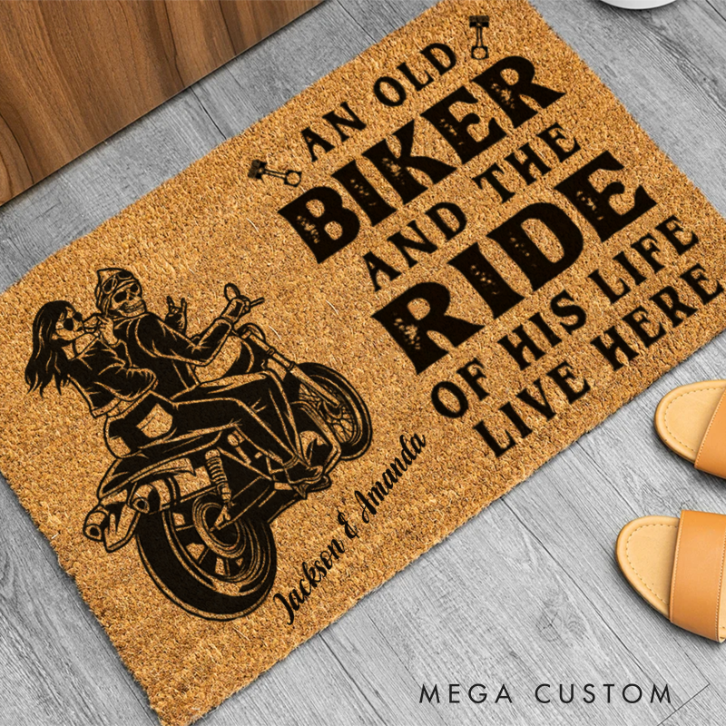 Personalized An Old Biker and the Ride of His Life Live Here Doormat with Custom Names and Motorcycle Couple Design
