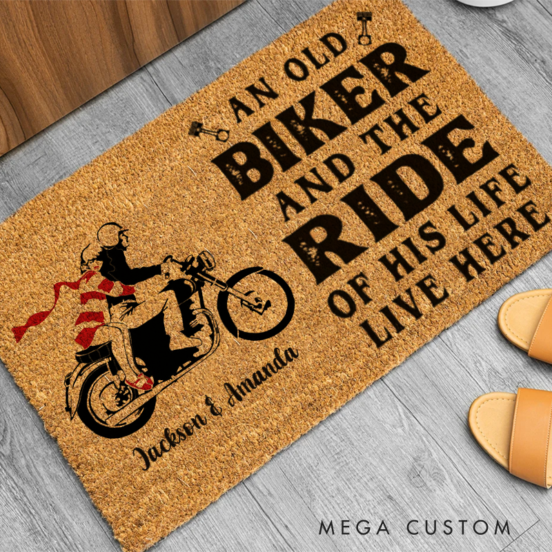Personalized An Old Biker and the Ride of His Life Live Here Doormat with Custom Names and Classic Motorcycle Couple Design