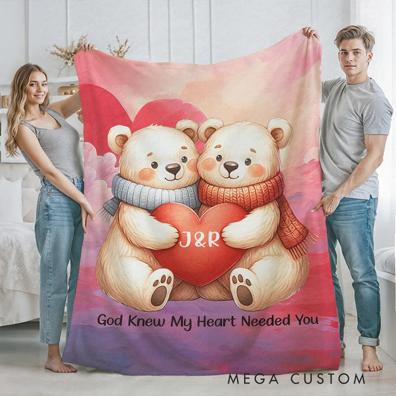 Personalized God Knew My Heart Needed You Cartoon Couple Bear in Love Soft Throw Blanket with Intial & Text Home Decor Valentine's Day Gift for Couple