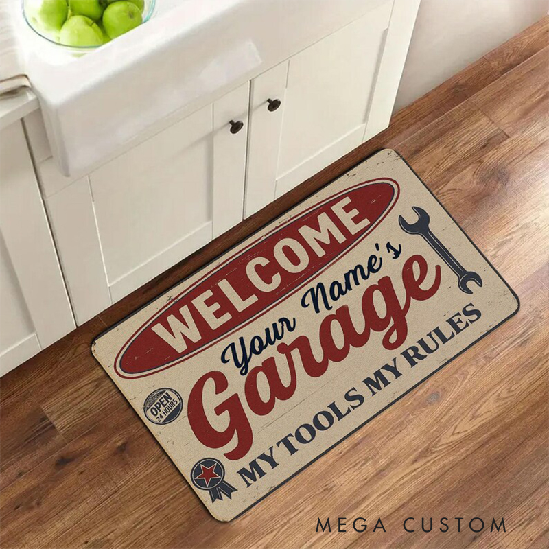 Personalized Garage Doormat Custom Name Welcome Mat My Tools My Rules Design Coir Welcome Mat for Car Lovers