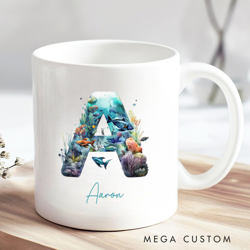 Personalized Fishing Mug Coffee Mug Ocean Fish Letter Design Custom Name Unique Gift for Anglers and Sea Life Lovers