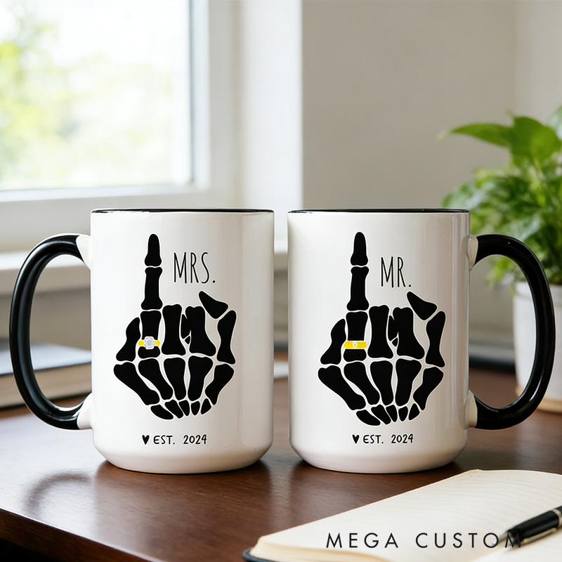 Personalized Geek Funny Mr and Mrs Mug Skeleton Hand Couple Coffee Mug Set Goth Engagement Gift for Geek
