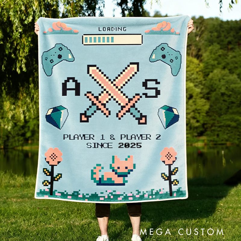 Personalized Gamer Couple Blanket Pixel Art Anniversary Gift Video Game Tapestry Blanket Geek Game Lover Gift