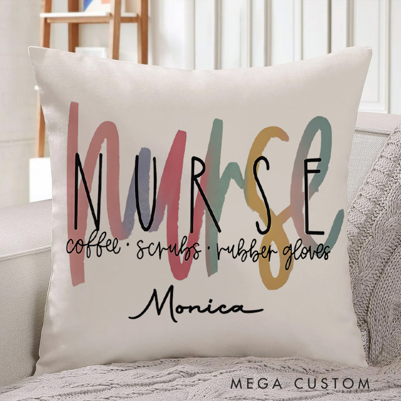 Personalized Throw Pillow for Nurse Essentials Coffee Scrubs Rubber Gloves Design Nurse Appreciation Gifts