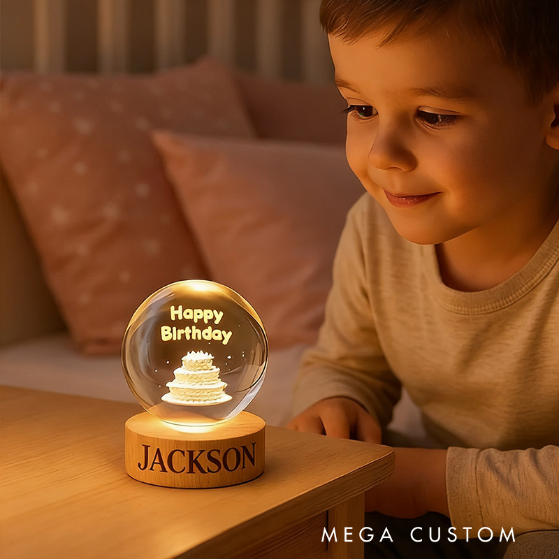 Personalized Happy Birthday Cake Night Light With Warm Glow For Celebration 3D Spherical Crystal Lamp