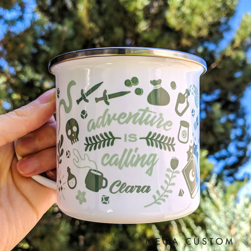 Personalized Adventure Is Calling Enamel Mug Dandd Mug Gifts for Hiking Outdoor Adventure Enthusiasts