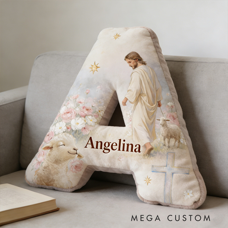 Personalized Jesus and Lamb Letter Pillow with Custom Name Religious Home Decor The Lost Sheep Graphic 3D Print Pillow Jesus Good Shepherd Faith Gift