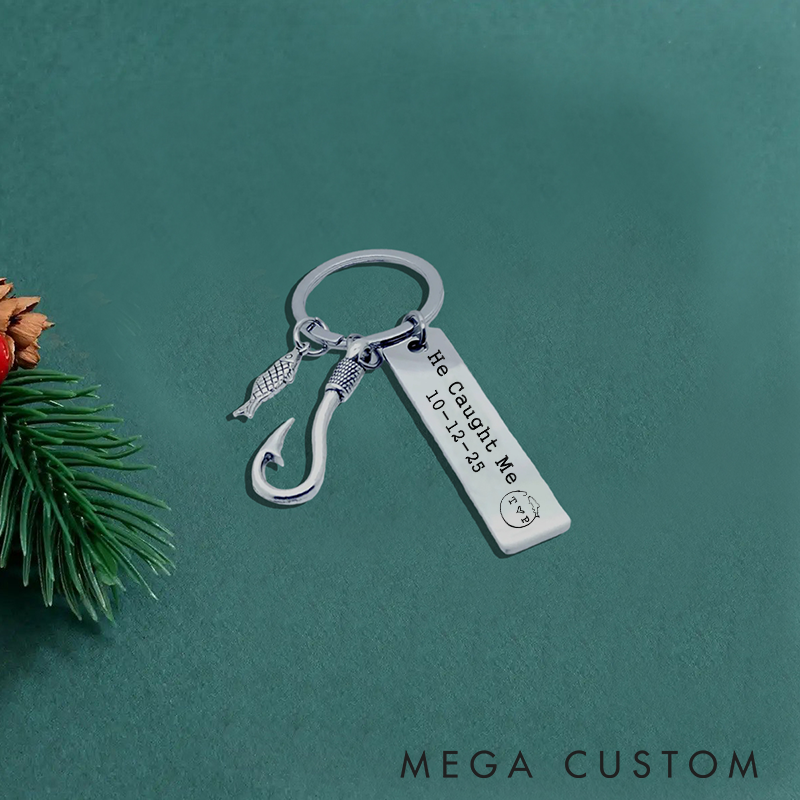 Personalized Fishing Keychain He Caught Me and I Hooked Her Design Custom Time and Initials Romantic Gift for Couples and Fishing Lovers