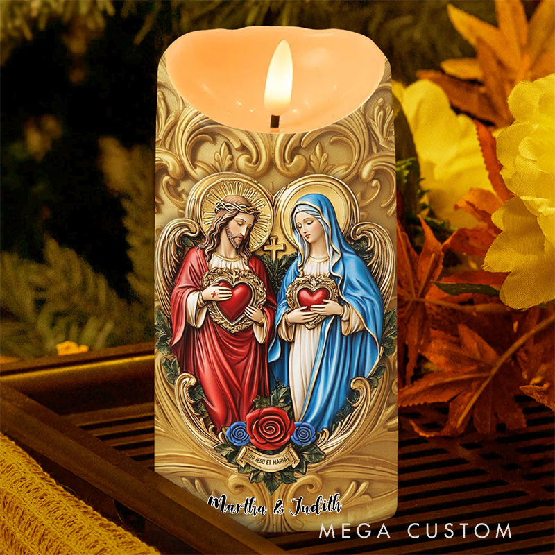 Personalized Eternal Hearts of Heaven Flameless LED Candle with Name Catholic Religious Decor Sacred Heart of Jesus and Virgin Mary Prayer Faith Gift