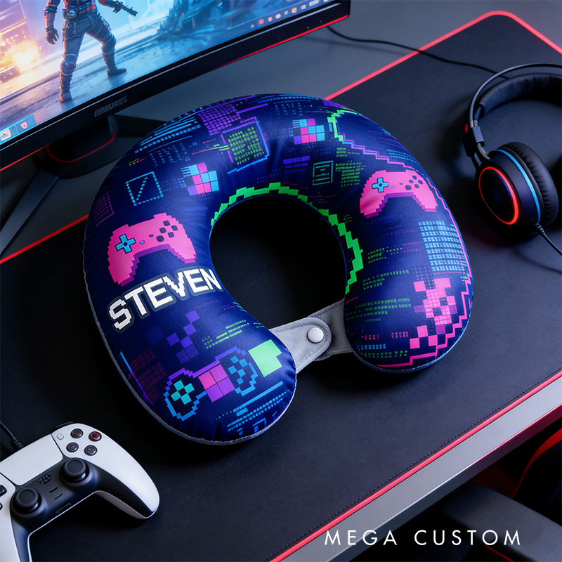 Personalized Glitch Art Style Gamer Graphic 3D Print Game Controller U-Shaped Pillow for Game Lovers Travel Neck Pillow Christmas Gift for Kids