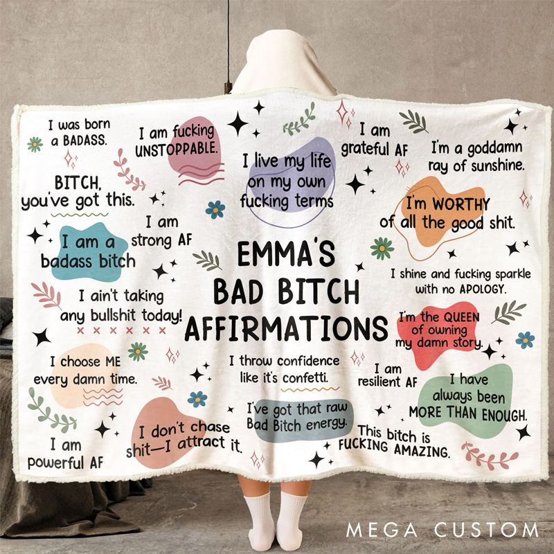 Personalized Bad B*tch Affirmations Blanket Hoodie Custom Wearable Blanket Hoodie with Name for Book Lovers Bookworm Birthday Gift