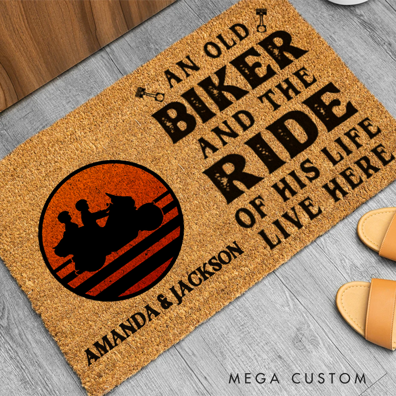 Personalized An Old Biker and the Ride of His Life Live Here Doormat with Sunset Motorcycle Couple Design Gift