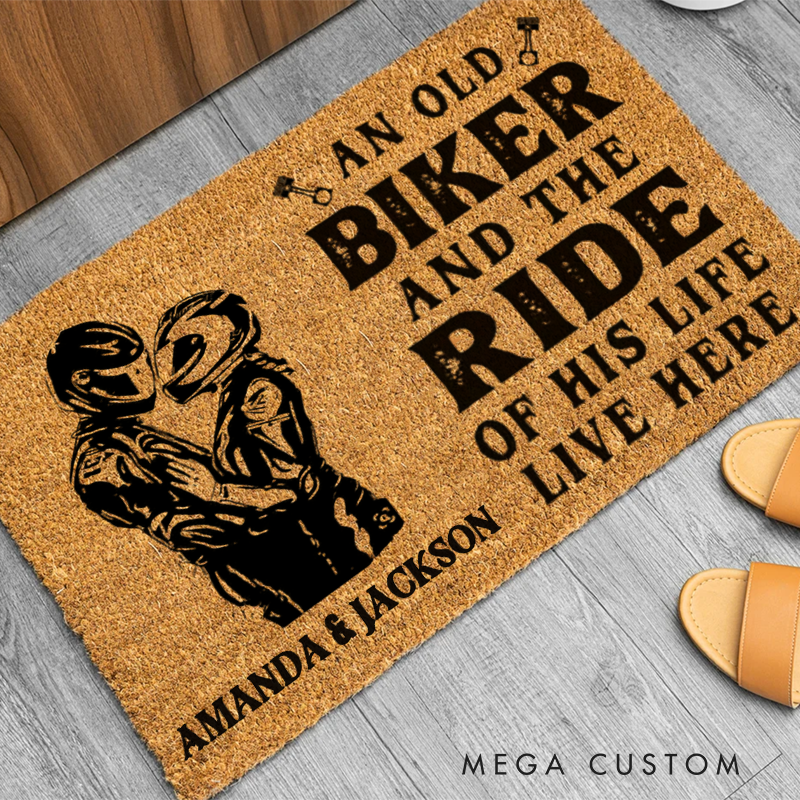 Personalized Biker and the Ride of His Life Live Here Doormat with Romantic Motorcycle Couple Design Design Gift