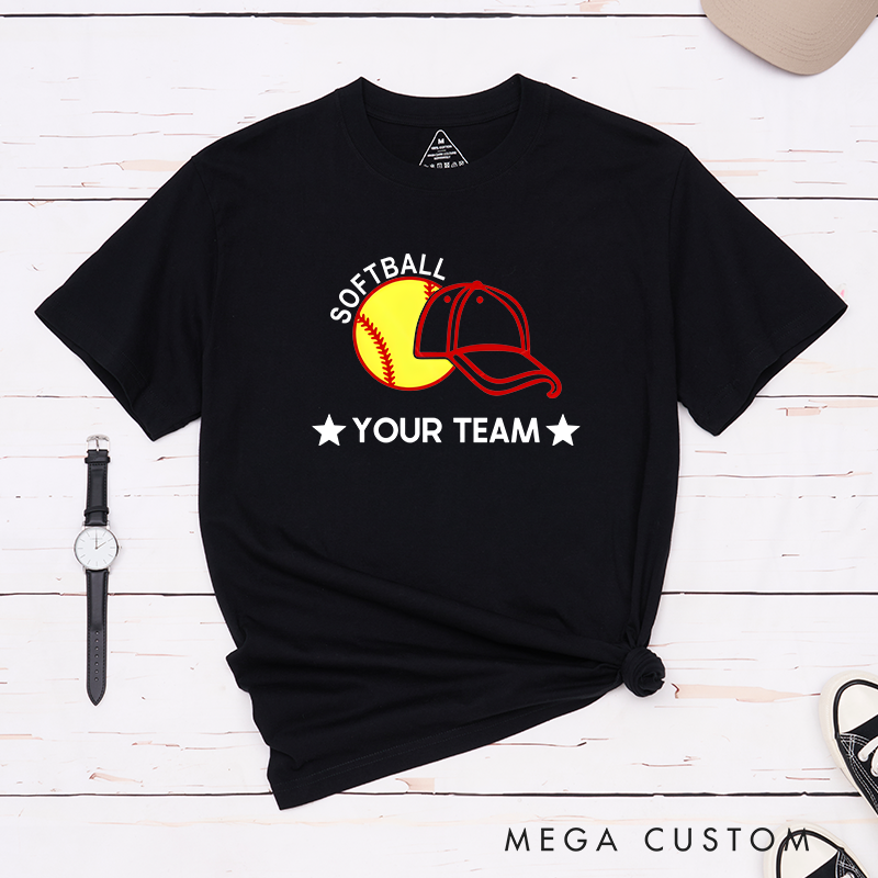 Personalized Softball Team T-Shirt Design Featuring Customizable Team Name Bold Softball Graphic and Baseball Cap Element
