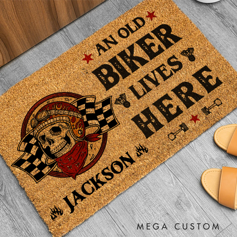 Personalized An Old Biker Lives Here Doormat Skull and Checkered Flag Design Gift for Motorcycle Enthusiasts