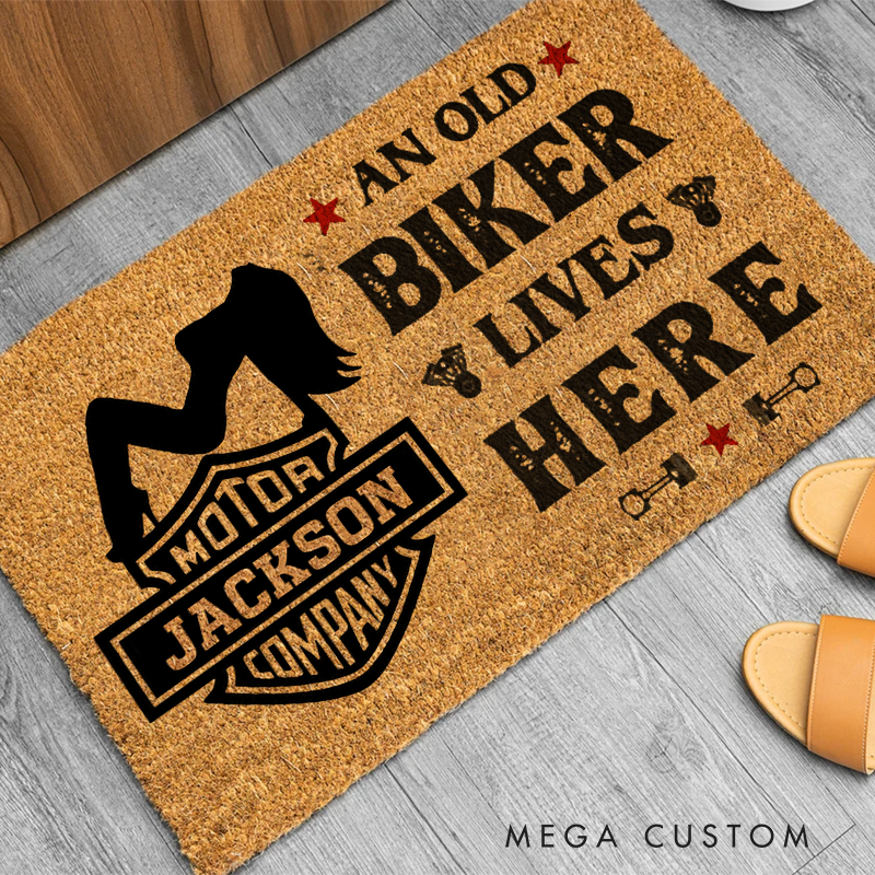 Personalized An Old Biker Lives Here Doormat with Custom Name and Bold Design Perfect Gift for Motorcycle Enthusiasts