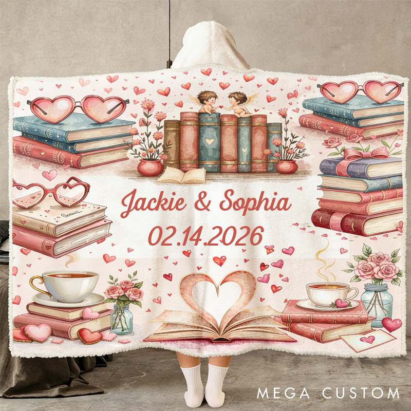 Personalized Pink Book Blanket Hoodie Custom Cupid Wearable Blanket Hoodie with Name for Book Lovers Bookworm Valentine's Day Gift