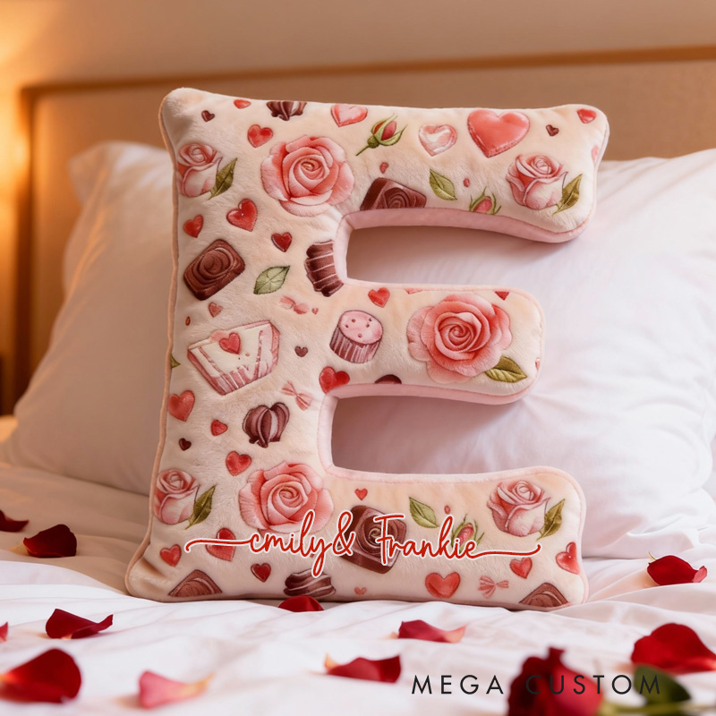 Personalized Chocolate and Heart Alphabet Throw Pillow with Name Graphic 3D Print Cupcake Heart Pillow for Boyfriend Girlfriend Valentines Day Gifts Baking Lover Gift