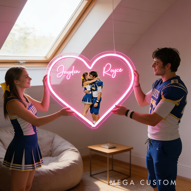 Personalized Football Player Couple Heart Neon Sign with Names and Photo for Romantic Valentine’s Day Decor