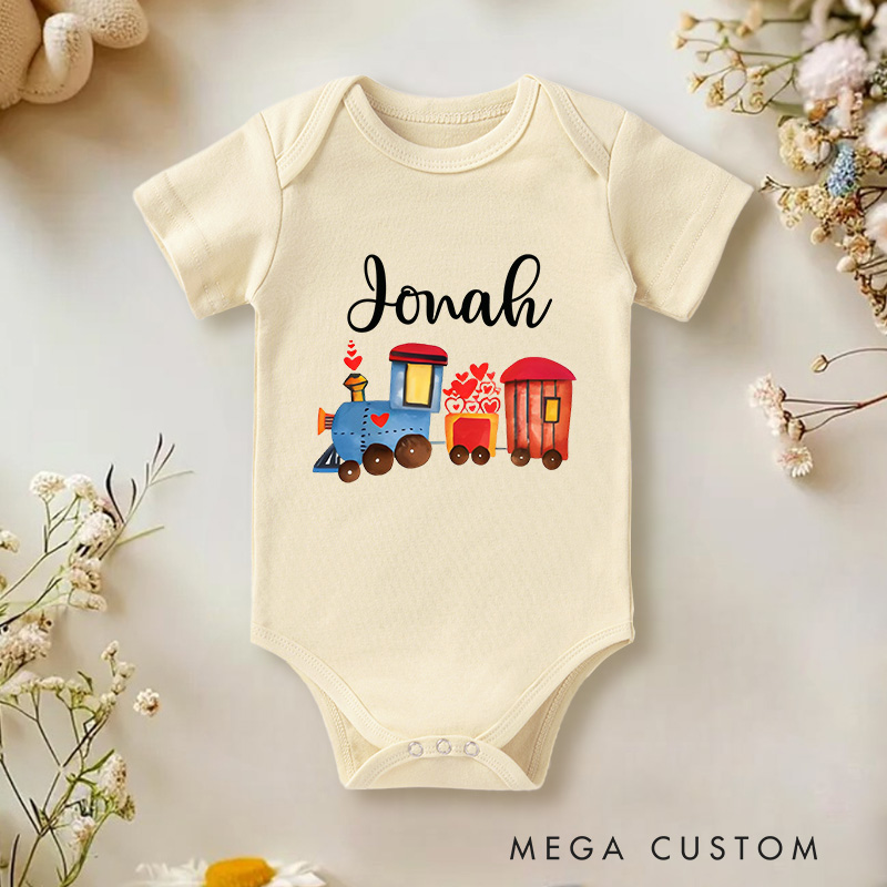 Personalized Valentine's Train Design with Hearts Baby Onesie Funny Baby Gift