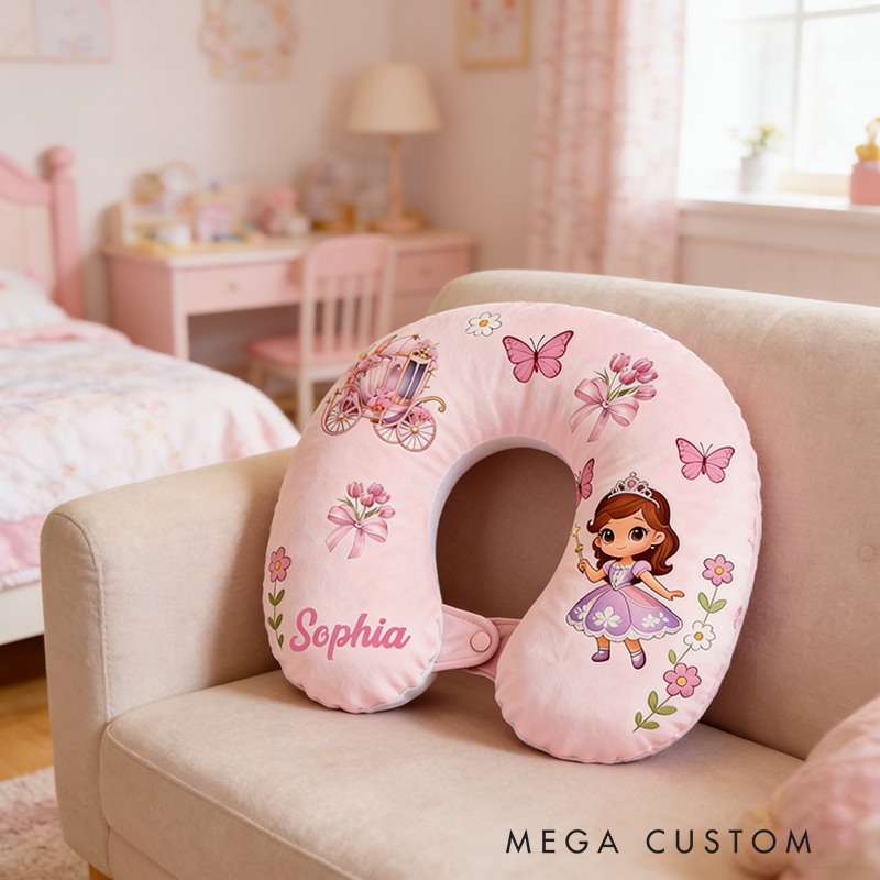 Personalized Christmas Gift Neck Pillow with Princess Carriage and Fairy Tale Pastel Design and Custom Name for Magic Lovers Travel Neck Pillow