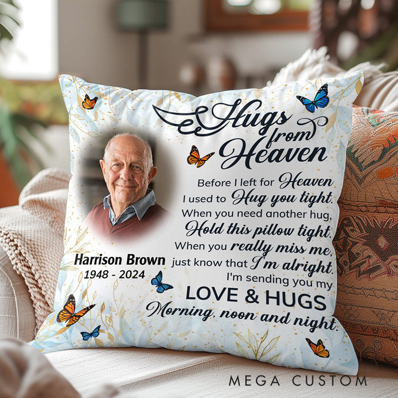 Personalized Memorial Photo Pillow Custom Double-Sided Printed  Throw Pillows Hugs From Heaven Remembrance Gift for Loss of Loved One