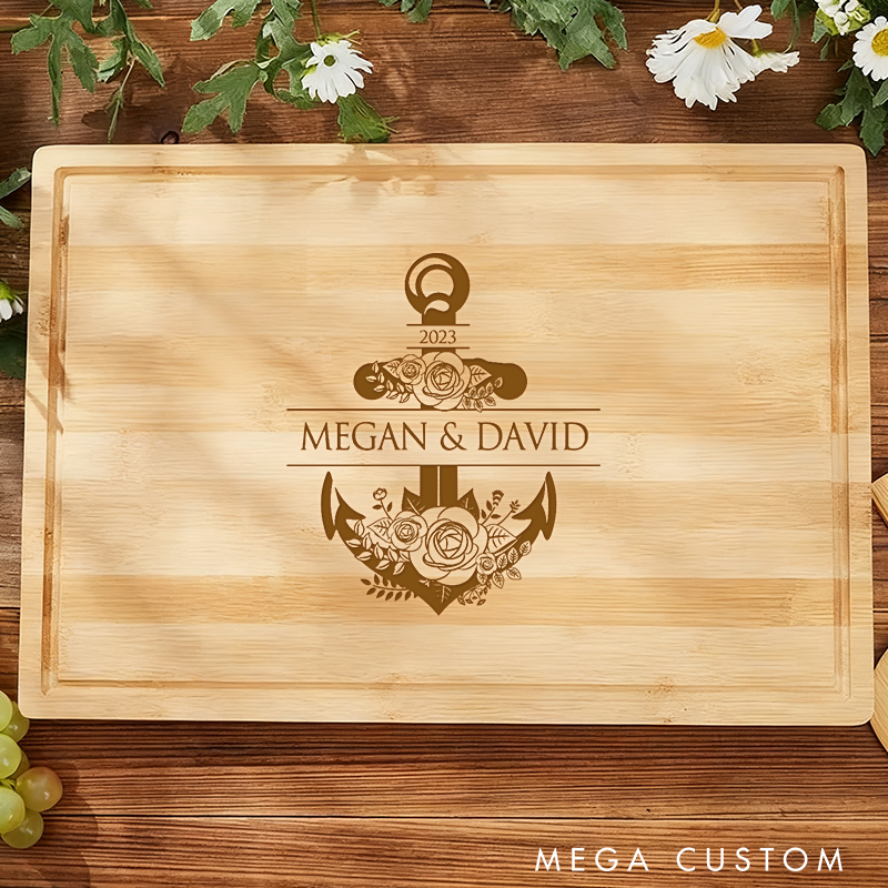 Personalized Bamboo Cutting Board with Anchor Design Custom Names and Time Perfect Gift for Fishing Lovers Nautical Decor or Special Occasions