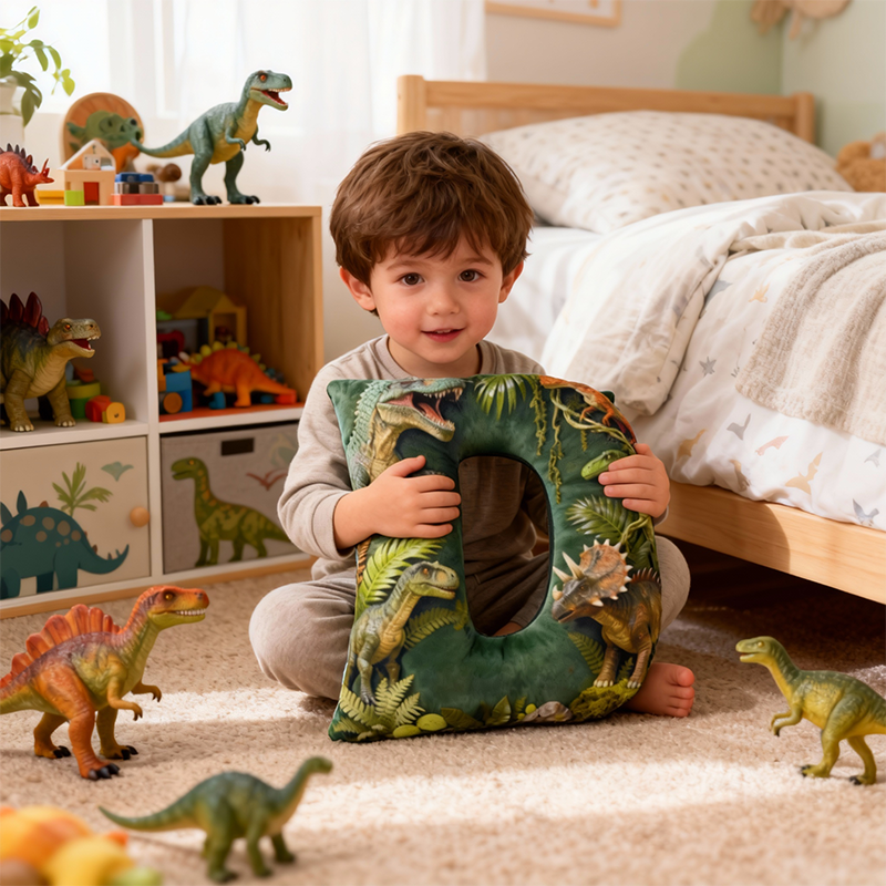 Dinosaur World Initial Graphic 3D Print Pillow with Name Christmas Gift for Kids