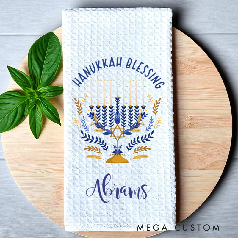 Personalized Hanukkah Blessing Soft Waffle Tea Towel with Name Kitchen Decor Jewish Holiday Menorah Dish Towel Happy Hanukkah Gift for Jewish Family
