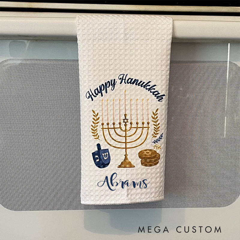 Personalized Happy Hanukkah Soft Waffle Tea Towel with Name Kitchen Decor Hanukkah Menorah Dreidel Dish Towel Happy Hanukkah Gift for Jewish Family