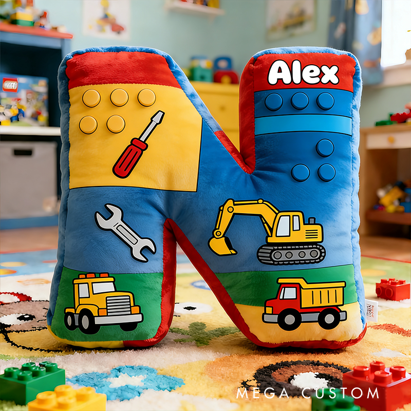 Personalized Colorful Alphabet Pillow With Diggers And Wrenches Design Graphic 3D Print Pillow