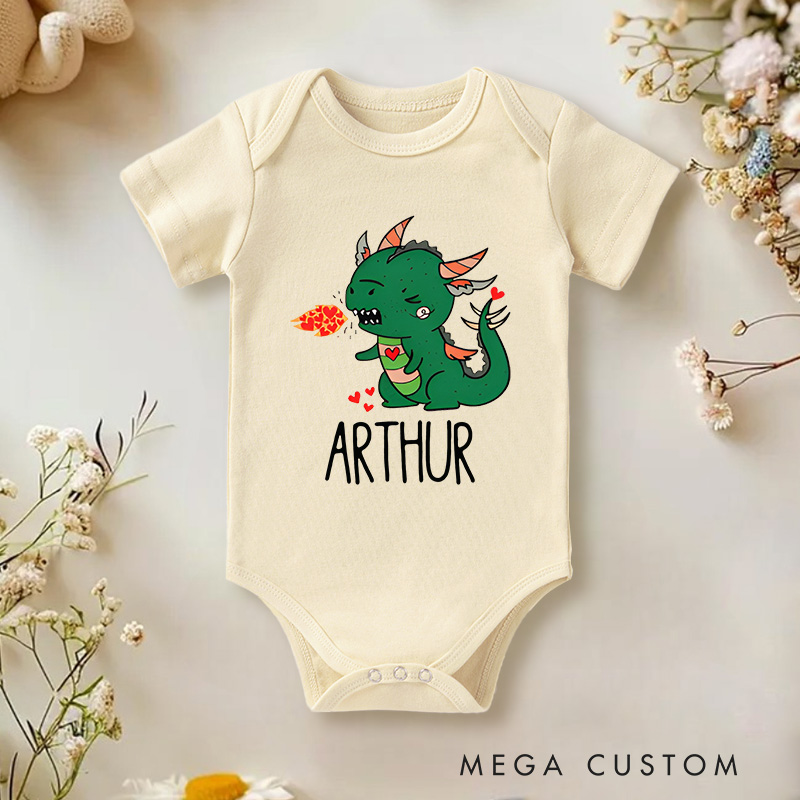 Personalized Cute Dragon Design with Hearts and Fire Baby Onesie Valentine's Day Baby Gift