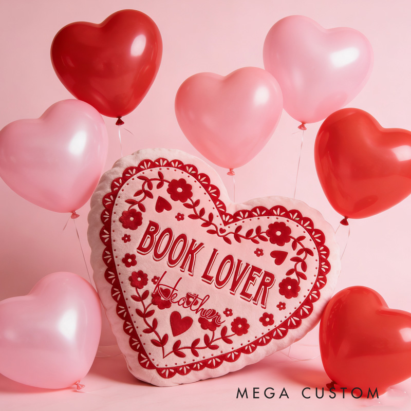 Personalized Book Lover Heart Shape Throw Pillow Graphic 3D Red Book Heart Pillow with Name for Girlfriend Book Lover Valentines Gift