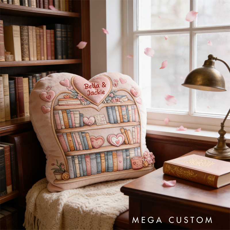 Personalized Valentine Bookcase Throw Pillow Graphic 3D Bookshelf Pillow with Name for Girlfriend Wife Bookish Bookworm Valentines Day Gift