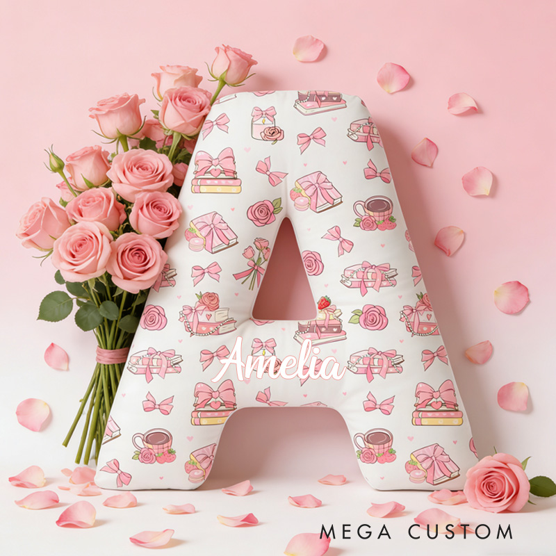 Personalized Flower Book Alphabet Throw Pillow Graphic 3D Coffee Book Letter Pillow with Name for Girlfriend Wife Book Lover Bookish Bookworm Valentines Day Gift