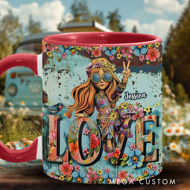 Personalized Hippie Accent Mug Custom Name Hippie Girl Hippie Soul Peace Love Mug for Music Lover Gift