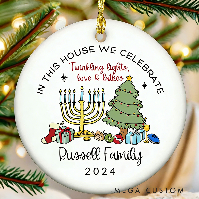 Personalized Hanukkah Christmas Ornament with Custom Family Name and Year Jewish Christmas Decor Merry Chrismukkah Gift Interfaith Family Gift